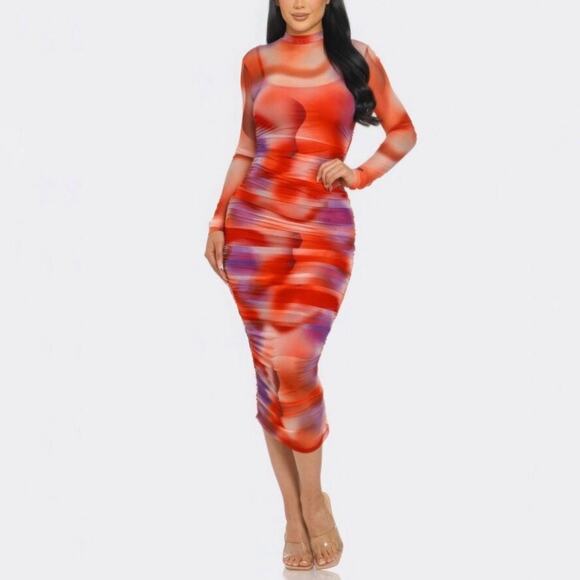 Capsulle Dresses & Skirts - Capsulle Red Summer Heat Print Mesh Ruched Midi Bodycon Dress Sz M